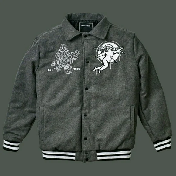 Reason Charcoal Bomber Jacket with Embroidered Designs $159 - Picture 1 of 6